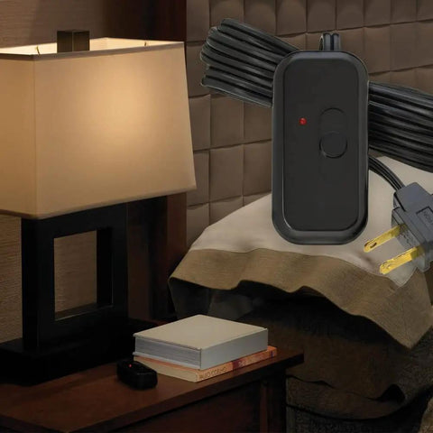 Bedroom setup with a lamp and Credenza Plug-In Dimmer for Incandescent and Halogen Lamps With Locator Light on a table.