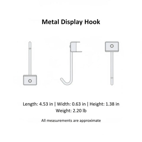 White Square Profile Metal Hook For Grid Shelving diagram showing front, side, and top views with dimensions.
