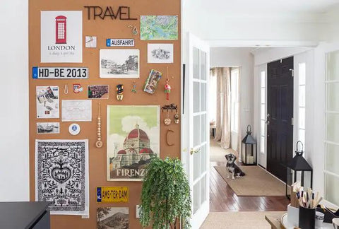 Premium Natural Cork Roll Four Feet By Twenty Four Feet Long Half Inch Thick used as a travel-themed display board.