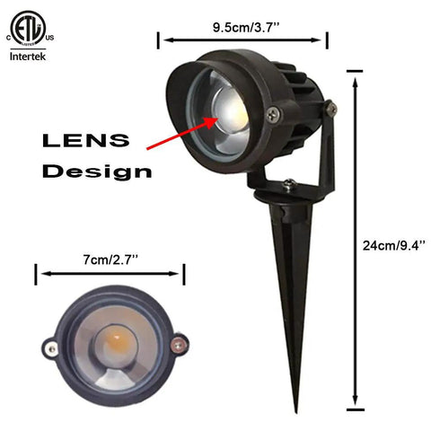 8Pack 5W Low Voltage Landscape Lights With Connectors 24V AC DC LED Spotlight Kit showing lens design and dimensions