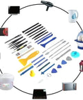 No Sweat 37 Piece Watch Repair Kit And Smartphone Teardown Set With Precision Drivers Case Opener And Link Adjuster, array of tools laid out.