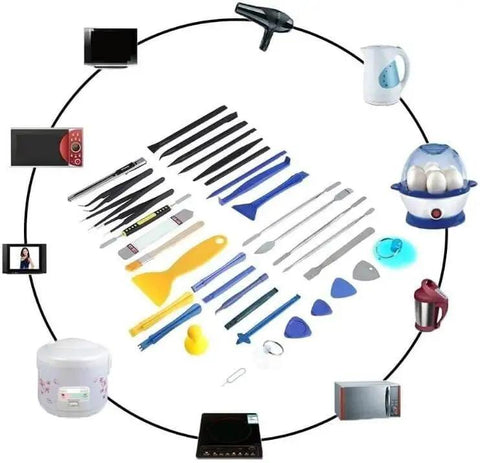 No Sweat 37 Piece Watch Repair Kit And Smartphone Teardown Set With Precision Drivers Case Opener And Link Adjuster, array of tools laid out.