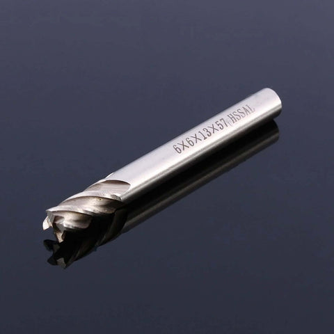 End mill cutter, 6mm diameter, 4-flute, straight shank (side view)