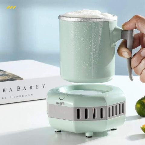 Smart Desktop Beverage Chiller With Rapid Freeze And Instant Heat Mode Made From Food Grade Aluminum for a beverage in use.