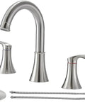 Widespread 8 Inch Bathroom Faucet Set With Two Handles And Swivel Spout, 3 Hole Mount, Brushed Nickel Finish, Pop Up Drain And Water Supply Hoses Included, No Brainer Easy Install Vanity Sink Upgrade, shown disassembled
