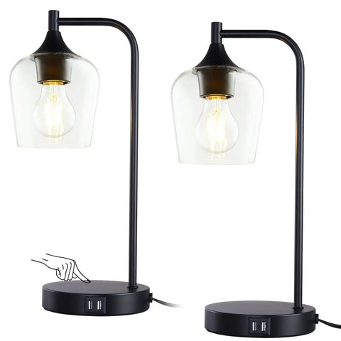 Industrial Table Lamps Set Of 2 For Bedroom And Living Room Dimmable 3 Way Touch Control Nightstand Lamps Black Finish With USB Ports E26 Bulbs Included