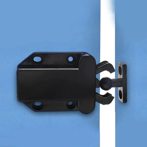 Non Magnetic Door Push Latch For Single Doors in black metal, fitted to blue surface, showing side view of latch mechanism.