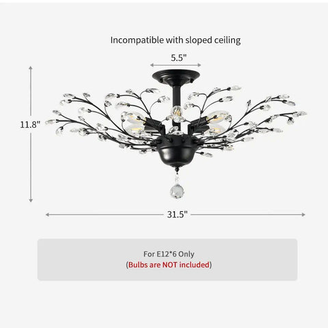 Vintage Six Light Branch Flush Mount Ceiling Light In Black With Crystal Bling Accents For Living Room Bedroom Dining Room Farmhouse Style Chandelier Fixture For Kitchen Office And Restaurants, depicted with measurements and design details.