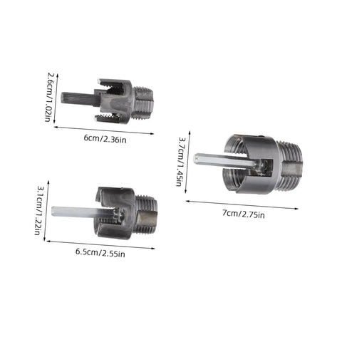 Versatile 3-Piece Pipe Threading Tool Kit For Pvc And Metal Water Pipes Compatible With Electric Drills, showing three heavy duty threading tools