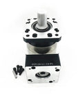 Straight Fire 90 Degree Planetary Gearbox Speed Reducer Bulletproof Build For Nema 42 And 52 Stepper Motors High Torque 70 To 1 Ratio Zero Drag Backlash Premium Steel Output Shaft with visible mounting holes and output shaft.