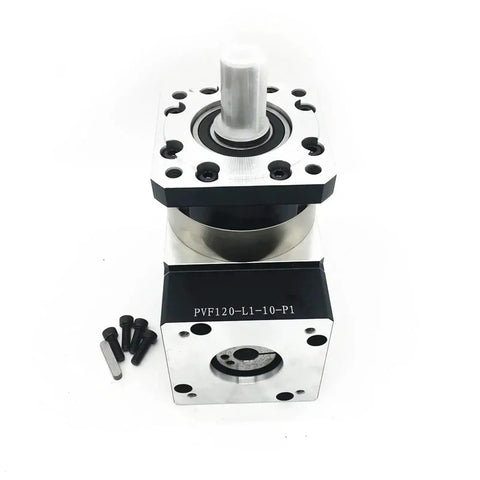 Straight Fire 90 Degree Planetary Gearbox Speed Reducer Bulletproof Build For Nema 42 And 52 Stepper Motors High Torque 70 To 1 Ratio Zero Drag Backlash Premium Steel Output Shaft with visible mounting holes and output shaft.