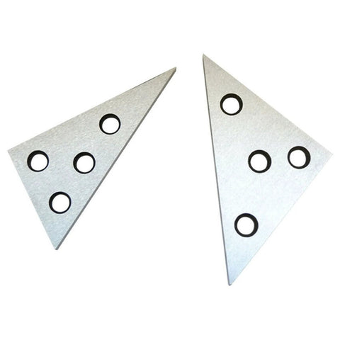 Front view: two metal machinist angle blocks with multiple holes for 30-60-90 and 45-45-90 angles.