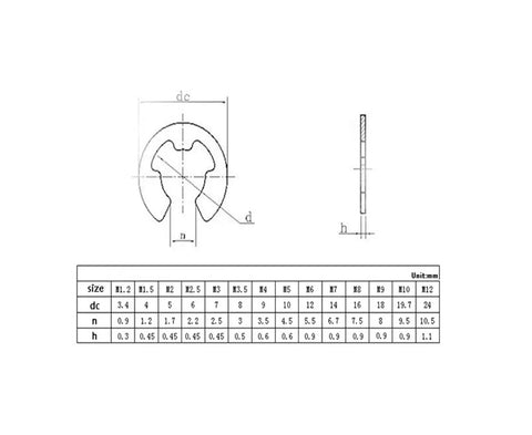 Technical diagram of 65Mn Steel E Clip Circlip Retaining Ring Washer Set For Shaft Fasteners M2 To M24 Including M3.5 M9 And M13 Ten Pieces Pack
