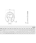 Technical diagram of Boss Grade 304 Stainless Steel Shaft Bearing Retaining Ring Washer E Type Circlip Set sizes M1.2 to M12 with dimensions