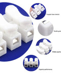 Close-up of two or three hole terminal block wire connector with push in screwless clamp, durable white plastic design
