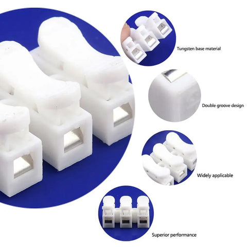 Close-up of two or three hole terminal block wire connector with push in screwless clamp, durable white plastic design