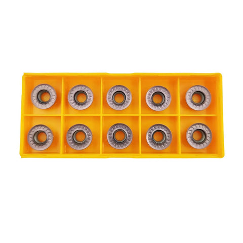 11-piece RPMT1204MOE carbide milling inserts set in a yellow plastic organizer tray
