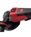 Close-up of the Top Tier Cordless Angle Grinder With Lightning Fast Dual Trigger Brake Plus Smart Kickback Shield for cutting tasks.