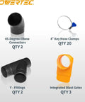 Heavy Duty Flexible Clear Dust Collection Hose Kit Featuring 4 Inch By 20 Feet Tubing Cone Reducer Elbows Fittings And Blast Gates showing 45-degree elbow and fittings.