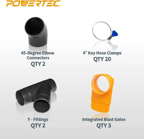 Heavy Duty Flexible Clear Dust Collection Hose Kit Featuring 4 Inch By 20 Feet Tubing Cone Reducer Elbows Fittings And Blast Gates showing 45-degree elbow and fittings.