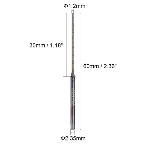 Mini Diamond Burrs For Rotary Tools Set, 2.35mm shank, 1.2mm ball nose diameter, cylindrical diamond grinding bit with dimensions shown.