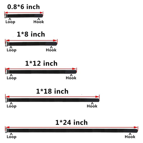Image showing size variations of 25 Pack Black Reusable Cable Straps With Heavy Duty Hook And Loop Closure, Slick Wire Ties 0.8 to 1*24 inch.