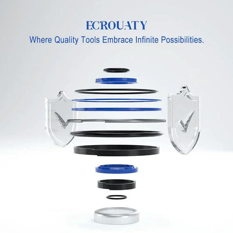 Exploded view of seal kit components with "Ecrouaty" branding, showcasing tool quality and versatility.
