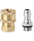 Two metal pressure washer adapters: brass 1/4 inch NPT female quick-connect and silver 1/4 inch plug connector