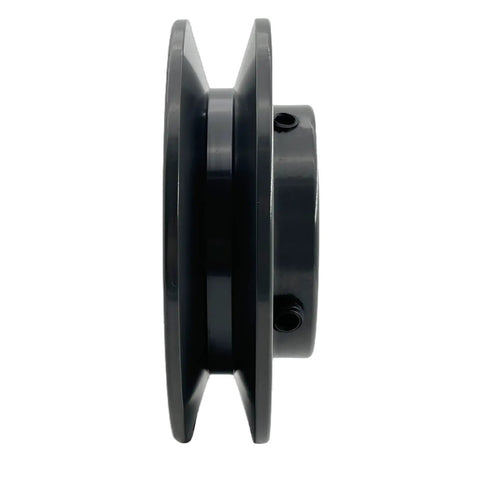 Side view of 3.95 Inch OD Cast Iron V Belt Pulley With One Groove For A AX B BX 4L 5L Belts Bore And Shaft One And One Eighth Inch Keyseat