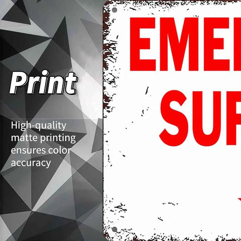 12 X 8 Inch Aluminum Emergency Supplies Directional Metal Sign Rugged Workhorse Built Tough Weatherproof Arrow Sign For Home, Garage, Warehouse, And Bunker With Easy Hanging Installation, printed close-up