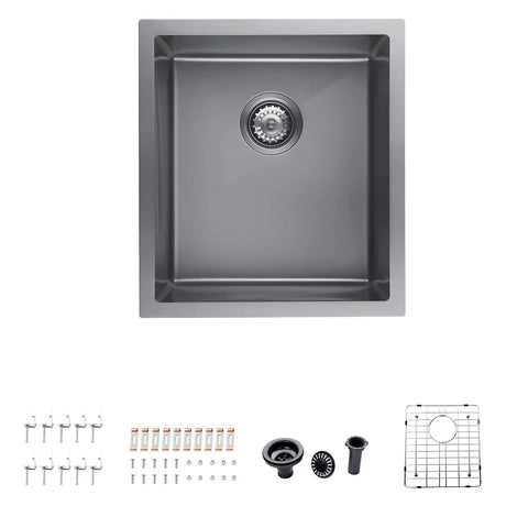 Stainless Steel Single Bowl Outdoor Bar Sink With Undermount Workstation Perfect For Your Outdoor Bar Setup And Prep Station Includes Strainer Waste Basket And Bottom Grid 17 x 19 x 9 Inches Black Finish with accessories