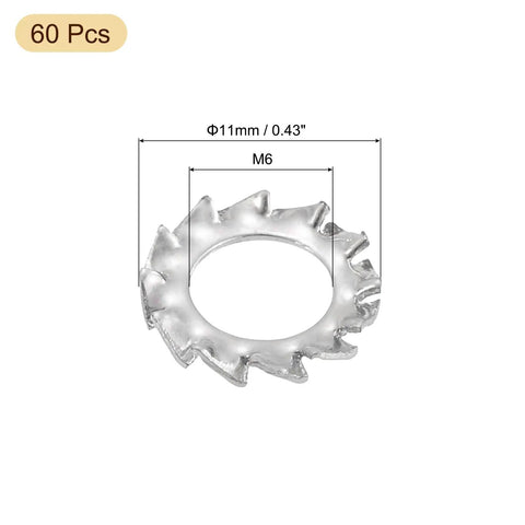 External Tooth Washers Set M6 304 Stainless Steel External Serrated Washers, close-up showing silver finish and dimensions, 60 pieces.