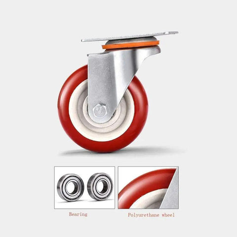 Top Notch Polyurethane Caster Wheels With Locking Brakes Four Pack showcasing a red polyurethane wheel with metal mounting plate.