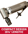 Compact Pneumatic Right Angle Die Grinder Featuring Built In Air Regulator And Safety Throttle Lock Delivers Badass 22000 Rpm Torque For Crushing Tight Grinding Jobs Smoothly, showing the angled head and safety throttle.