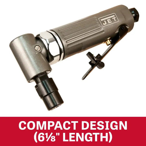 Compact Pneumatic Right Angle Die Grinder Featuring Built In Air Regulator And Safety Throttle Lock Delivers Badass 22000 Rpm Torque For Crushing Tight Grinding Jobs Smoothly, showing the angled head and safety throttle.