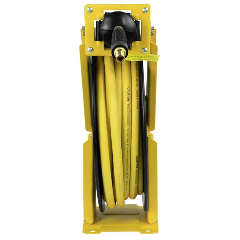 Front view of Double Arm Air Hose Reel With Three Eighths Inch By Fifty Feet Premium Rubber Hose Retractable Steel Construction Heavy Duty Build For Pro Grade Jobsite Air Tool Setup
