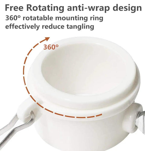 Ditch The Tangle Knot To The Curb With This Slick 360 Rotating Flag Pole Mounting Ring Clip showing 360° anti-wrap design.