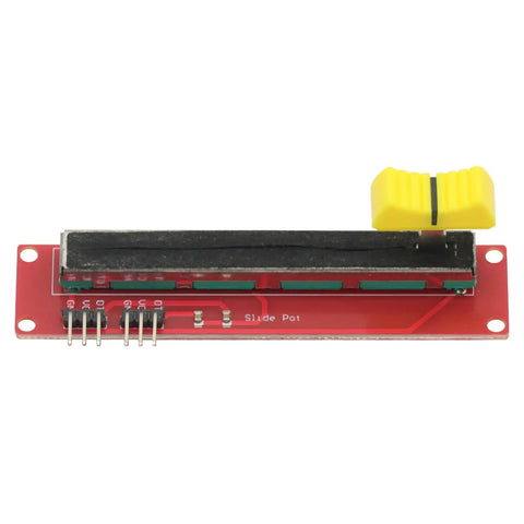 Five Pack 10K Slide Potentiometer Modules For Arduino And Microcontroller Projects With Dual Analog Output 0 To Vcc 3.3V To 5V Operation Compact 90 By 20 Mm, front view