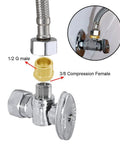Brass adapter for faucet hoses in plumbing setup showing 1/2 G male to 3/8 compression female conversion for water supply connections.