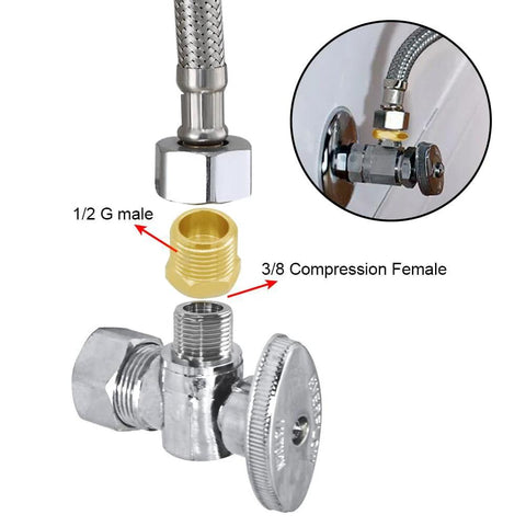 Brass adapter for faucet hoses in plumbing setup showing 1/2 G male to 3/8 compression female conversion for water supply connections.