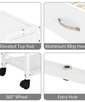 Detail view of Rolling Salon Trolley Cart With Wheels And Two Open Trays Plus A Drawer Wooden Mobile Storage Station features