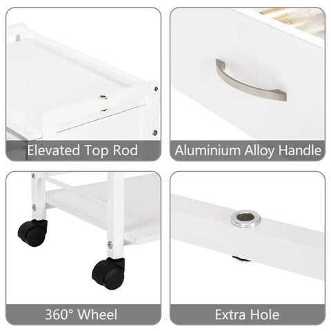 Detail view of Rolling Salon Trolley Cart With Wheels And Two Open Trays Plus A Drawer Wooden Mobile Storage Station features