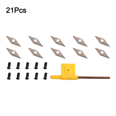 Top Shelf Carbide Indexable Inserts For Wood Lathe Turning Tools, Square Four Sided Cutters With Screws And Wrench, Straight-Uptough Blades For Hardwood Plywood And Diy Project Work, Set Of 10. Includes 10 cutters, screws, and one wrench.
