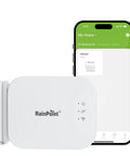 WiFi And Ethernet Enabled Water Timer Gateway For Sprinklers And Drip Irrigation Never Offline HWG040 Hub with smartphone app display.