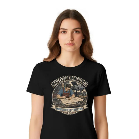 Rad Vintage Engineer T-Shirt With Blueprint Garage Design For Real Mechanics And Fabrication Geeks Who Love Drawing Sketches And Building Cool Stuff In The Shop Or At Home, black, unisex, cotton fabric.