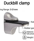 4 Pack Zinc Alloy Brushed Duckbill Glass Shelf Clamps with Non Slip Rubber Cushions, showing brushed finish and rubber gasket.
