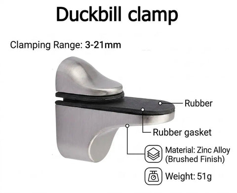 4 Pack Zinc Alloy Brushed Duckbill Glass Shelf Clamps with Non Slip Rubber Cushions, showing brushed finish and rubber gasket.