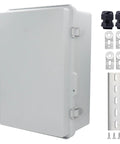 Bulletproof IP67 Junction Box In Heavy Duty ABS Plastic With Rock Solid Stainless Latch And Smooth Flip Cover Built For Rough Outdoor Jobs Includes Cable Glands Wall Plates And Simple Install Kit showing closed box with stainless latch and mounting hardware.
