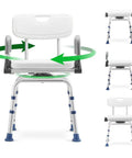 Swivel Shower Chair With Drop Arms And Back For Inside Showers, 360 Degree Rotating Bath Seat, Lightweight Aluminum, Multiple Views