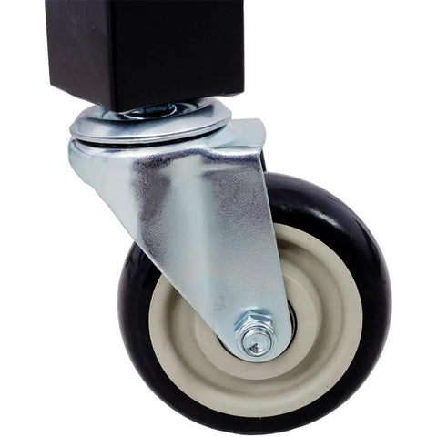 Close-up of locking caster wheel of 48 Inch Heavy Duty Mobile Workbench With 2 Drawers Solid Rubber Wood Top Rolling Garage Table